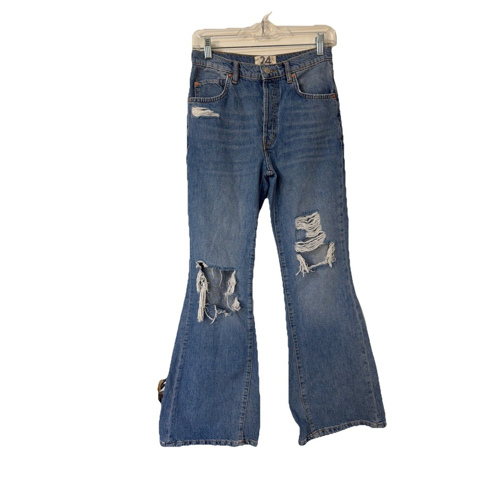Free People New Dawn Flare High Rise Jeans Button Fly In Victoria Blue Sz 24 - Picture 2 of 8